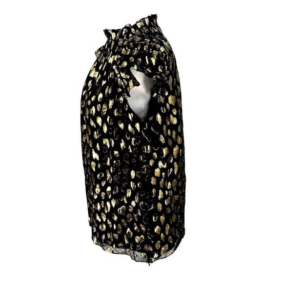 Rebecca Taylor Black Gold Metallic Spotted Silk Off Shoulder Ruffle Top Size S - Picture 3 of 11